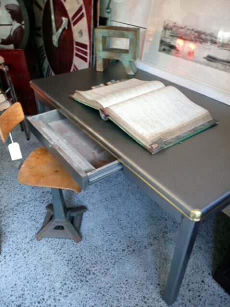 1940's Belgian steel and brass detailed desk with one drawer