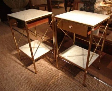 Pair of French brass side tables with marble tops c.1950