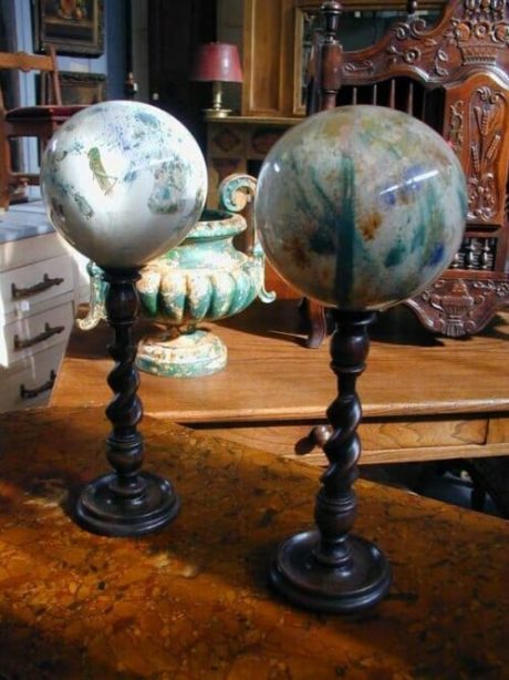 Antique wig holder stands with glass dye ball carriers c.1860