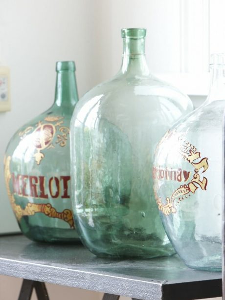 Pair of painted Free-blown Glass French Demijohn wine bottles