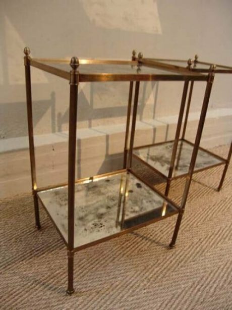 Pair of brass framed side tables with eglomised mirror tops c.1950