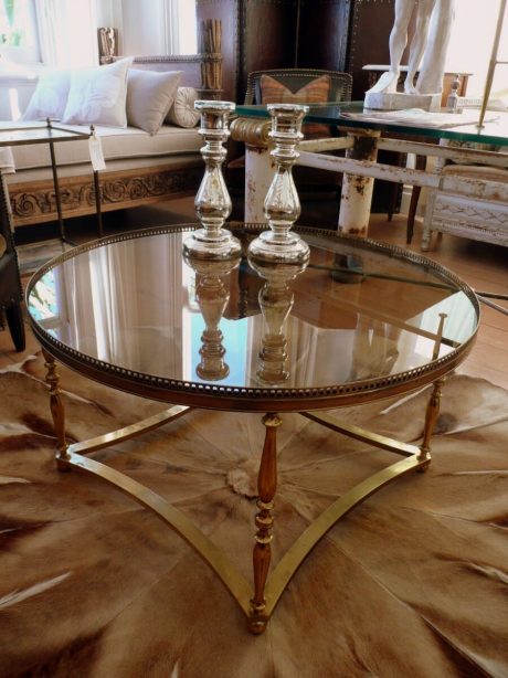 Brass framed coffee table with black glass top c.1950