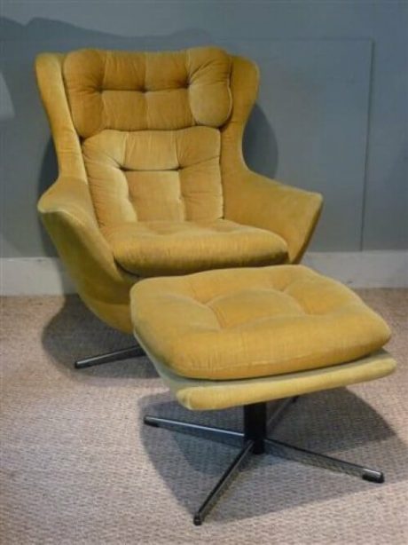 Pair of 1970s upholstered armchairs with matching footstools