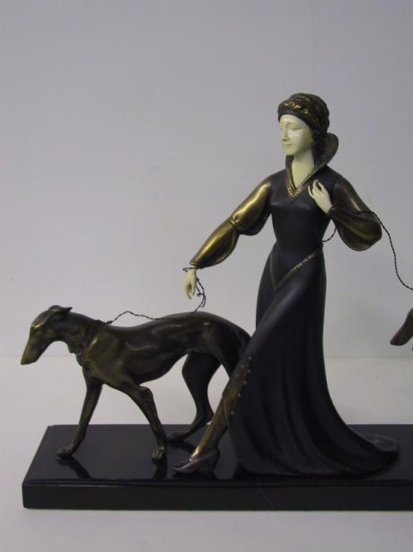 Art Deco statue of young woman with greyhounds c.1920