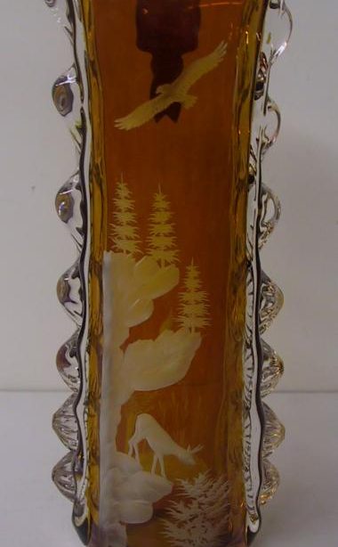 Large Bohemian crystal vase with etched background of deer