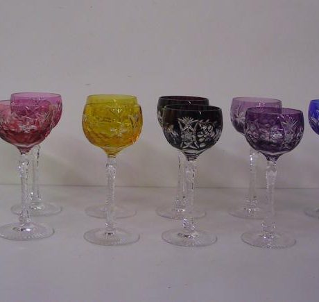 Set of six coloured crystal Bohemian wine glasses c.1950