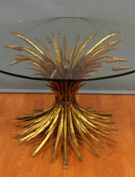 1950's Wheat sheath gilded metal coffee table with glass top