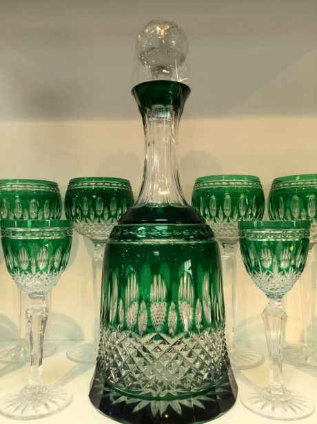 1950's Decanter and twelve matching glasses in green coloured crystal