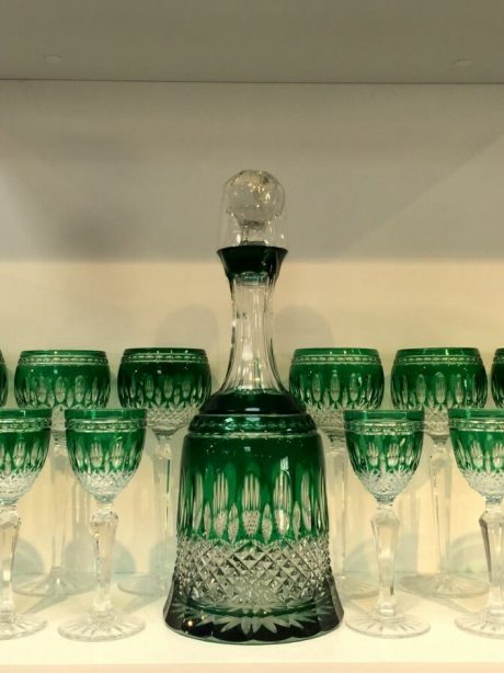 1950's Decanter and twelve matching glasses in green coloured crystal