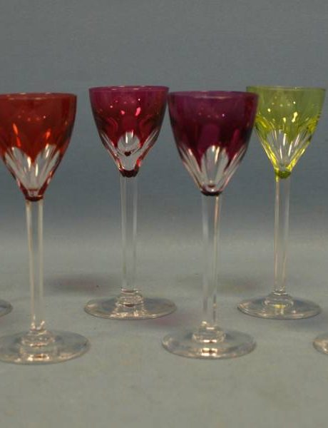 Set of six coloured crystal Val St Lambert port glasses