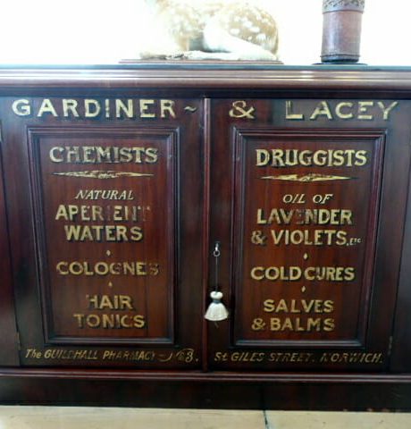 Victorian mahogany sign painted chemist counter with Belgian bluestone top