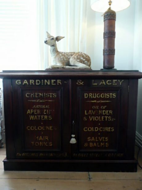 Victorian mahogany sign painted chemist counter with Belgian bluestone top