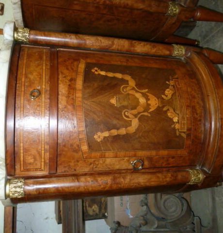 Pair of 1920's French marquetry bedside tables with marble tops