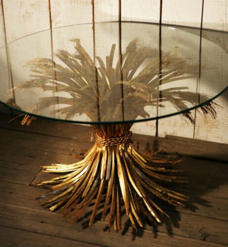 French wheat sheath gilded metal and glass topped coffee table