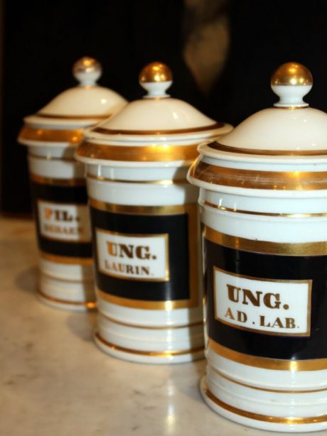 Collection of 19th century porcelain and gilt apothecary jars c.1860