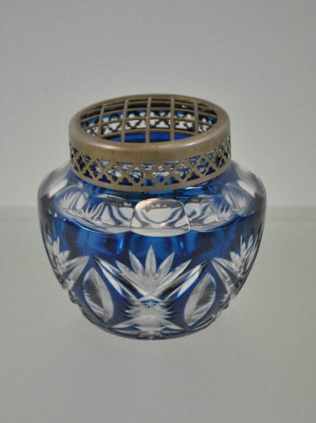 Blue crystal Val St Lambert vase with brass flower grill c.1930