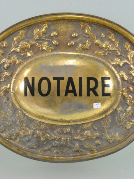 Plated pressed brass Notaire plaque c.1890 on brass stand