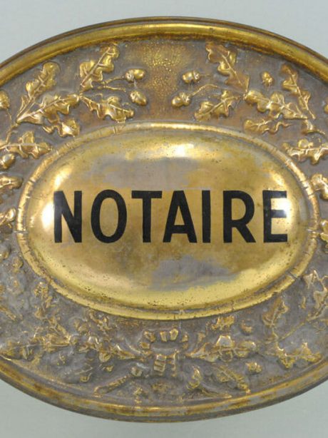 Plated pressed brass Notaire plaque c.1890 on brass stand