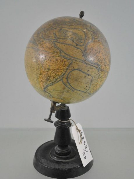 Antique papier mache world globe on wooden stand c.1900