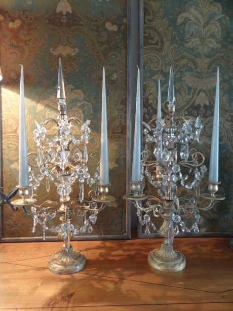 Pair of French gilded brass and crystal girandoles c.1880