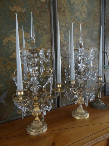 Pair of French gilded brass and crystal girandoles c.1880