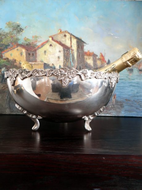 Silver plated champagne bucket with grape design rim