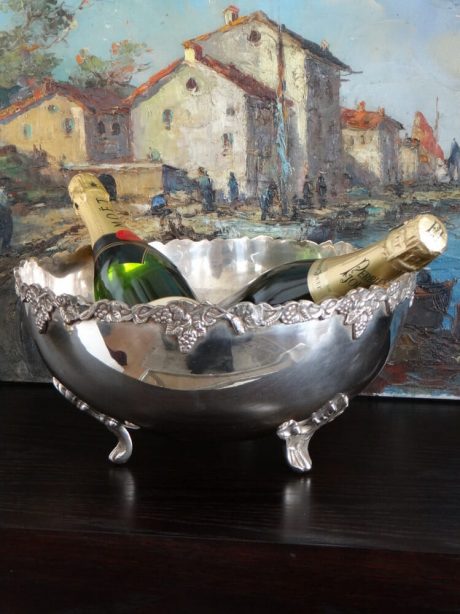 Silver plated champagne bucket with grape design rim