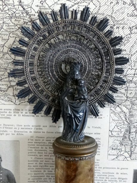 Silver plated Virgin Mary and child on onyx and brass pedestal