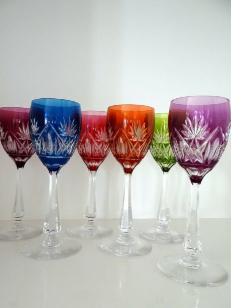 Set of six Val St Lambert coloured crystal wine glasses