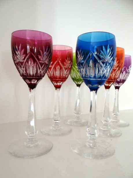 Set of six Val St Lambert coloured crystal wine glasses