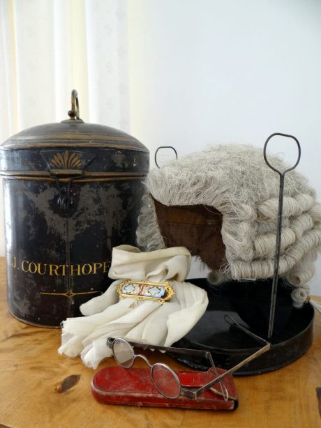 Antique English barristers wig, glasses and cravat