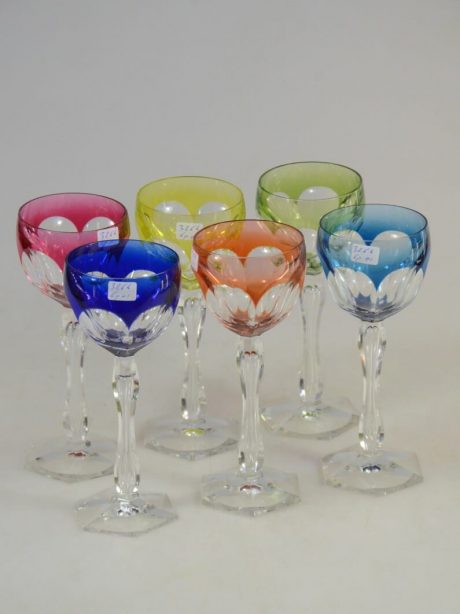 Set of six coloured Val St Lambert hexagonal pattern wine glasses