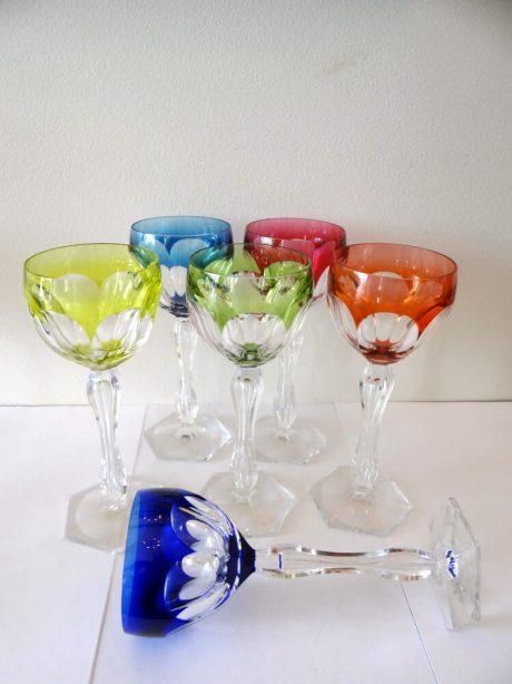 Set of six coloured Val St Lambert hexagonal pattern wine glasses