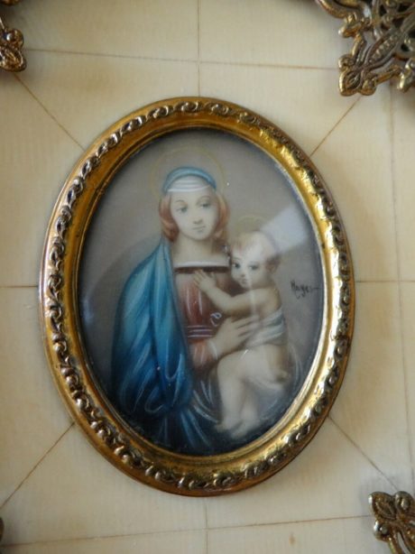 Miniature bronze and ivorine Madonna and child portrait