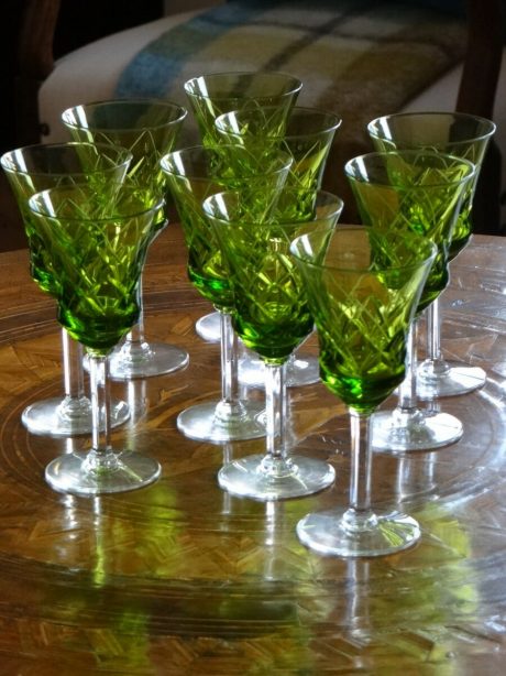 Set of six green crystal Val St Lambert aperitif glasses c.1950