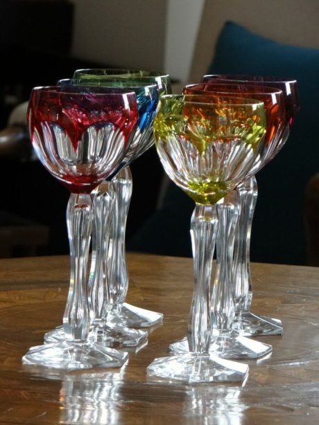 Set of six Val St Lambert coloured crystal wine glasses