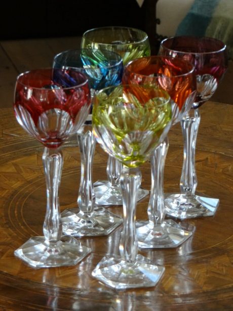 Set of six Val St Lambert coloured crystal wine glasses