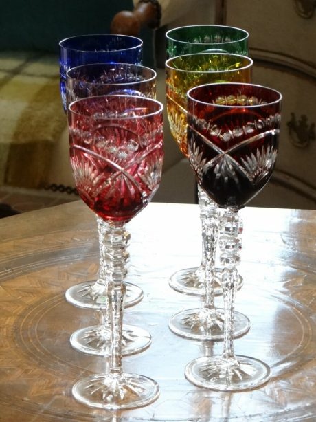 Set of six double cut coloured crystal wine glasses