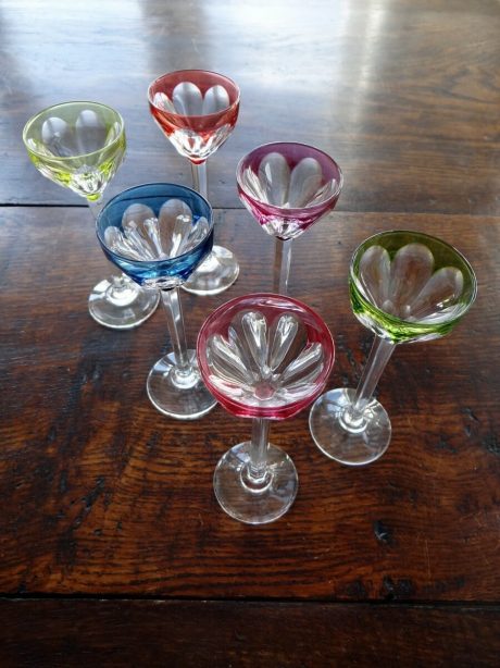 Set of six coloured crystal Val St Lambert aperitif glasses