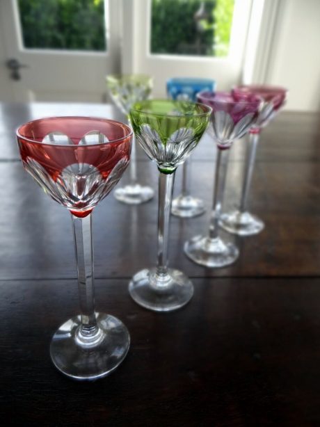 Set of six coloured crystal Val St Lambert aperitif glasses