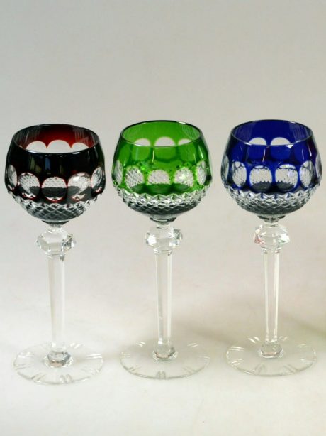 Set of six coloured crystal wine glasses c.1950