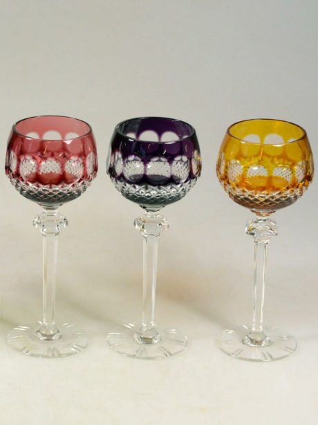 Set of six coloured crystal wine glasses c.1950