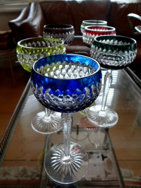 Six coloured crystal glasses (Val St Lambert) c.1950