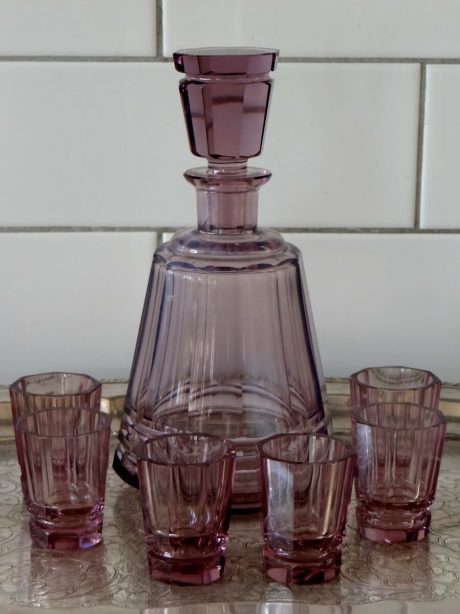 Art Deco amethyst cut crystal decanter set c.1930