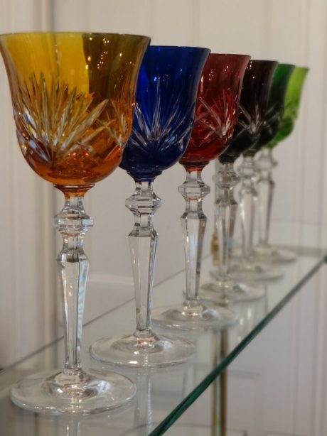 A set of six coloured crystal d'Etzel glasses c.1950