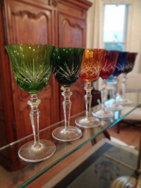 A set of six coloured crystal d'Etzel glasses c.1950