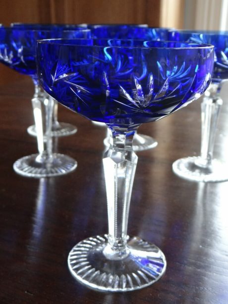 Set of eight cobalt blue crystal open champagne glasses