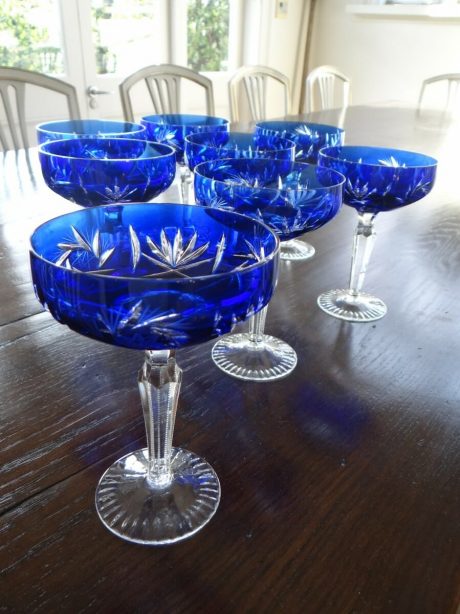 Set of eight cobalt blue crystal open champagne glasses