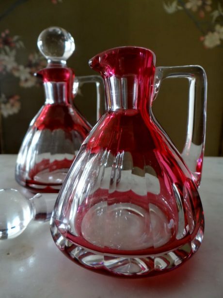 Val St Lambert cranberry coloured Oil and Vinegar carafes c.1940