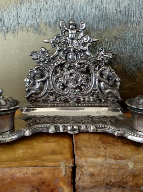 Continental silver plated angelot metal inkstand c.1920